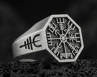 Gold Plated Silver Vegvisir Ring, Viking Runic Compass Jewelry