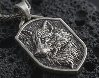 Sterling Silver Wolf Pendant • Tribal Shield Amulet Necklace