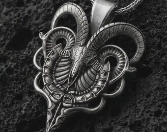 Sterling Silver Biomechanical Ram Skull Pendant, Cyber Gothic Jewelry