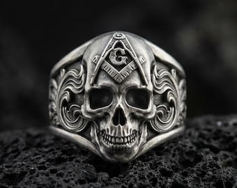 Sterling Silver Masonic Skull Ring, Freemason Jewelry