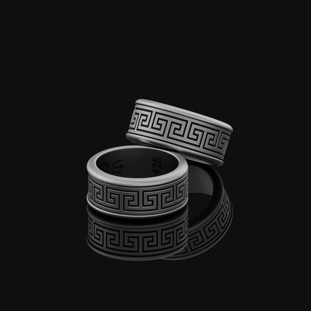 Silver Greek Key Ring Rotating Band, Elegant Greek Wedding Band