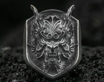 Sterlingzilveren ring met onimasker, Japanse Hannya-sieraden