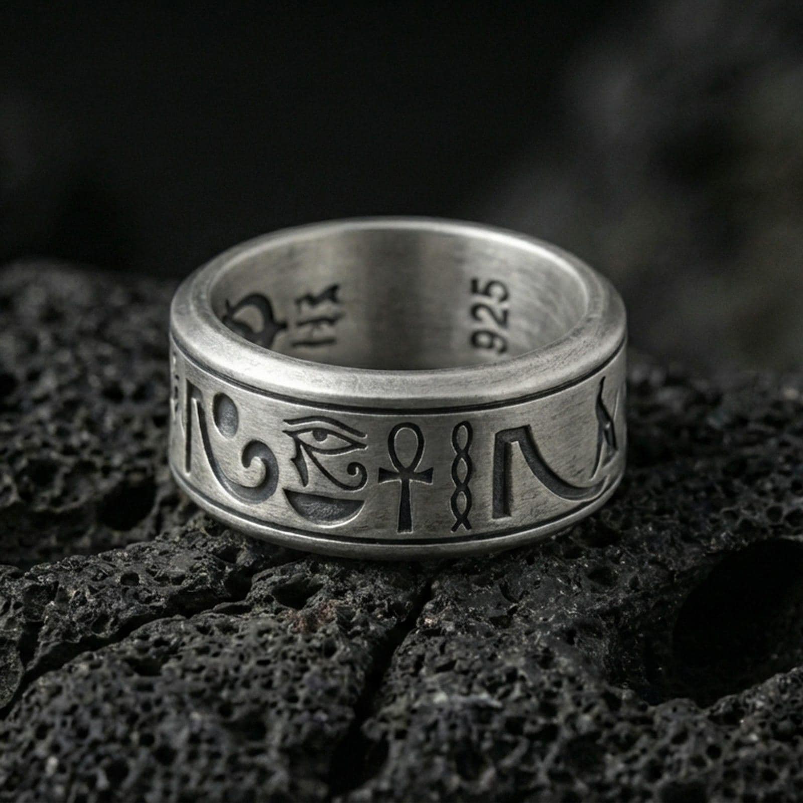 スターリングシルバーのスピナーリング - エジプトの象形文字の結婚