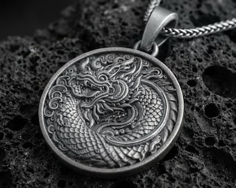 Oriental Dragon Medallion – 925 Silver Mythical Beast Necklace – Chinese Eastern Dragon Amulet Pendant