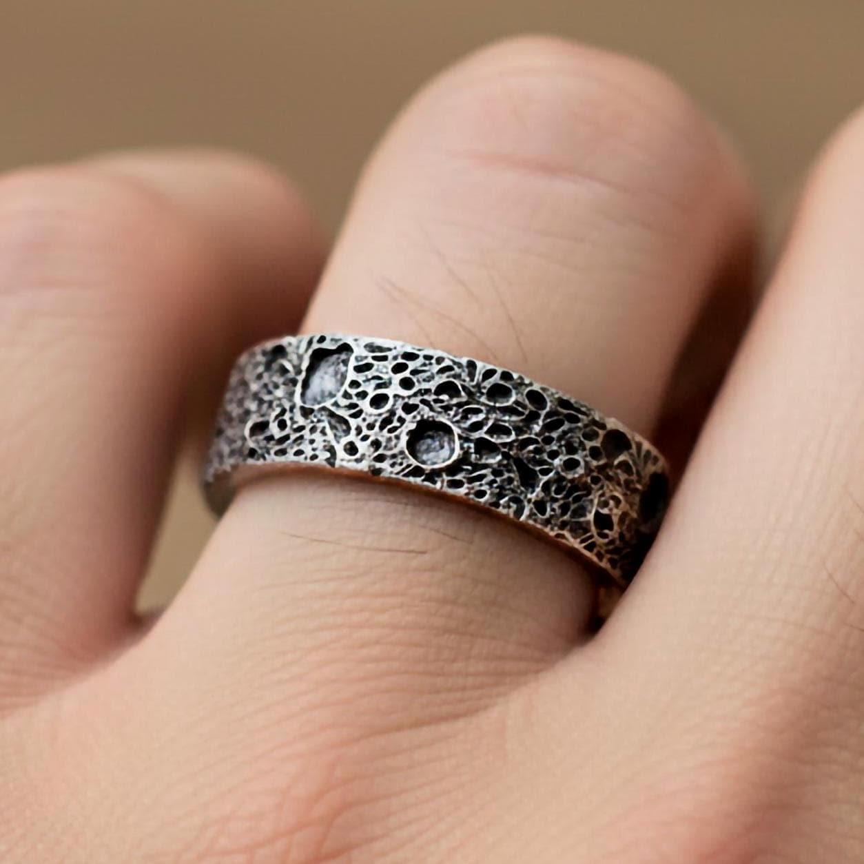 Silver Surface of the Moon Band - Moon Craters Ring, Lunar Texture