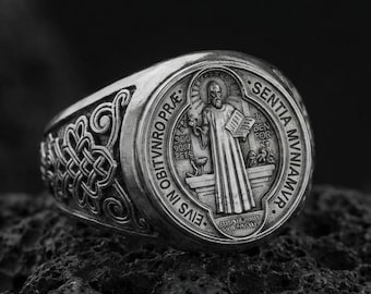 Sterling Silver St Benedict Medal Signet Ring