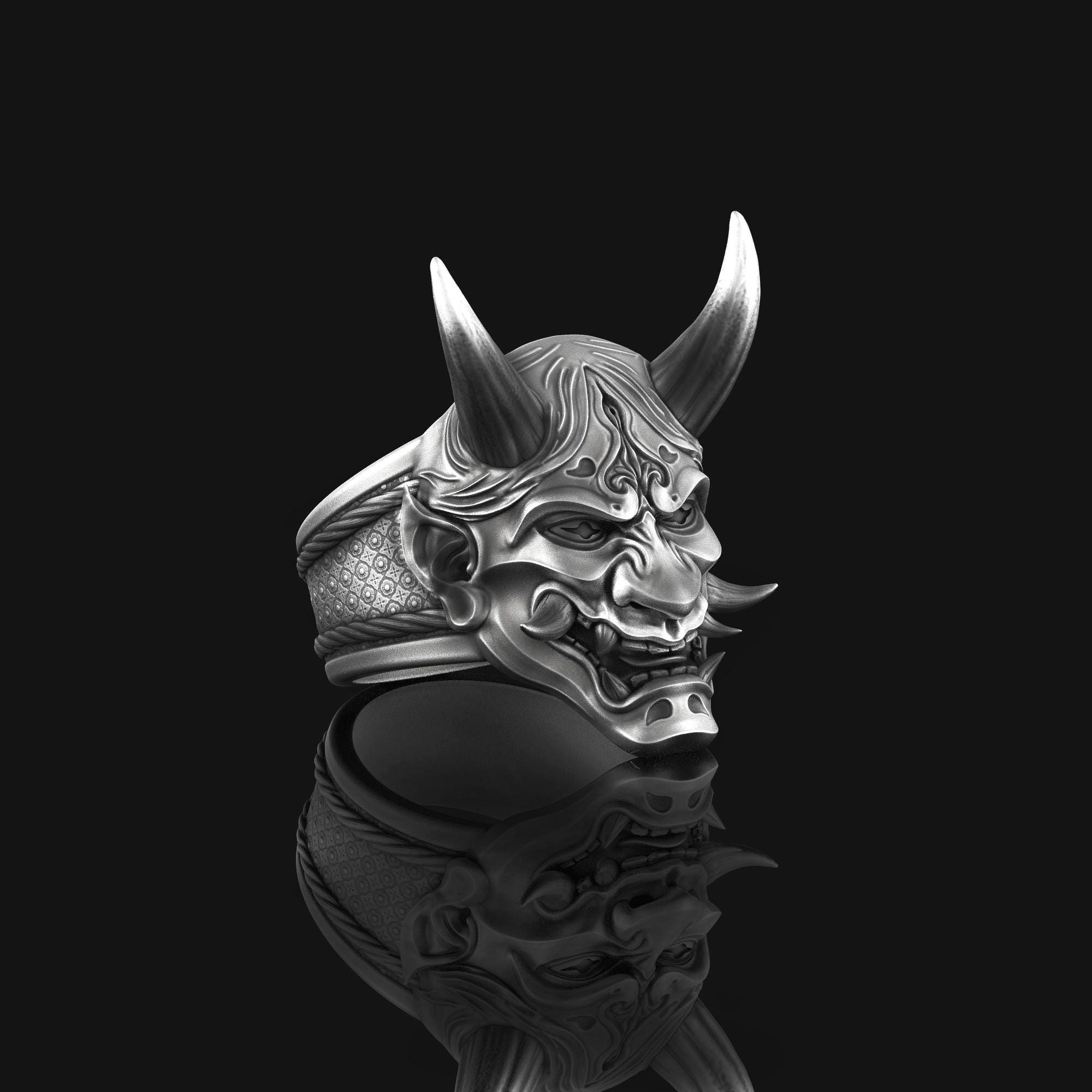 Silver Japanese Ring, Japanese Oni Mask Jewelry, Samurai Men's Ring Traditional Japanese Legendary Yokai Monster, Demon, Evil Spirit