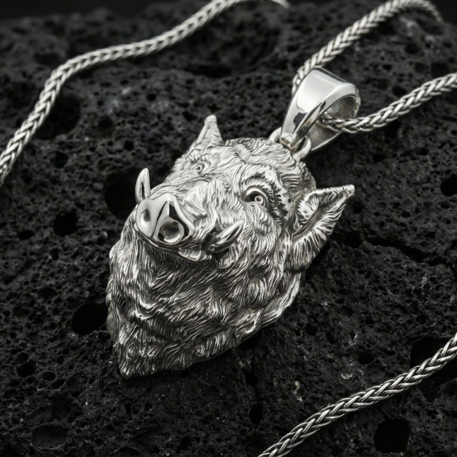 Sterling Silver Boar Head Necklace, Oxidized Wild Pig Pendant - Etsy
