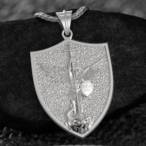 Saint Michael Shield Pendant Necklace 925 Sterling Silver, St Michael Archangel Religious Medal, Quis Ut Deus Protection Necklace Gift Men