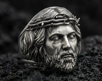 Sterling Silver Jesus Ring with Crown of Thorns – Christian Jewelry