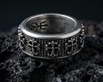 Sterling Silver Rotating Gothic Cross Ring – Medieval Wedding Band