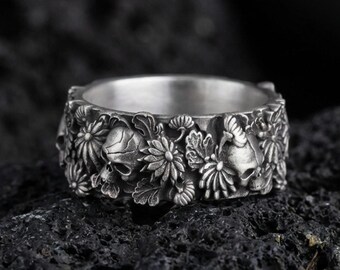 Skull Flower Sterling Silver Band Ring, Gothic Unisex Jewelry