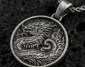 Azure Dragon Pendant – 925 Silver Chinese Mythical Medallion Necklace – Baroque Eastern Dragon Jewelry Gift