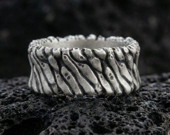 Sterling Silver Wood Bark Ring - Rustic Wedding Band
