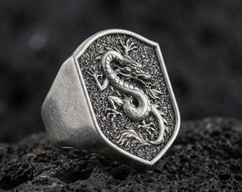 Anillo de dragón chino de plata 925, chapado en oro rodiado, oxidado