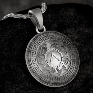 Spartan Shield Pendant Necklace Ancient Greek Warrior Medallion Greek Key Battle Symbol Jewelry