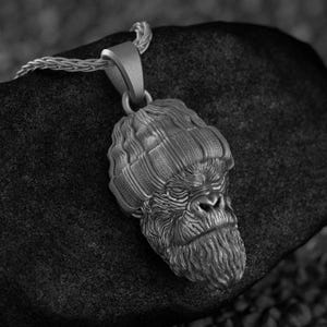 Beanie Gorilla Head Pendant Necklace 925 Sterling Silver, Bold Gorilla Face Amulet, Urban Animal Style Jewelry Gift for Men Women