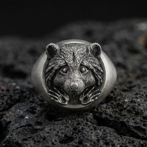 Sterling Silver Raccoon Ring, Animal Jewelry, Nature Lovers Band