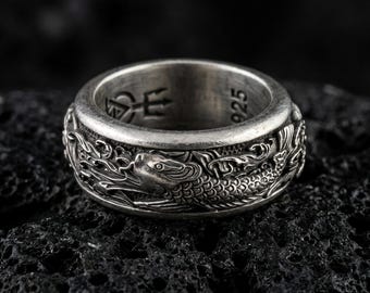 Koi Fish & Waves Spinner Fidget Ring – Sterling Silver Band