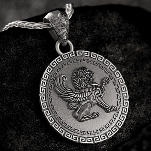 Winged Lion Medallion Pendant Mythical Guardian Amulet Ancient Symbol Necklace Greek Roman Inspired Jewelry for Men and Women
