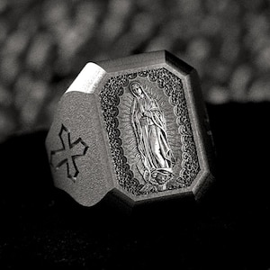 Our Lady of Guadalupe Ring – Virgin Mary Religious Signet Ring, Catholic Jewelry for Men & Women