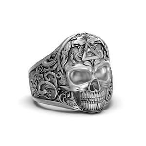 Silver Masonic Skull Ring - Engraved Freemason Jewelry, Gothic Men&#39;s Ring, Unique Masonic Gift