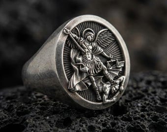 Sterling Silver St. Michael Signet Ring, Religious Jewelry