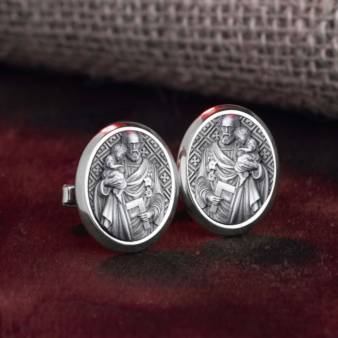 Saint Joseph Engraved Christian Cufflinks Jewelry, Groomsman Gift