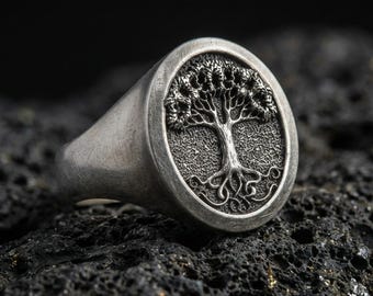 Sterling Silver Tree of Life Signet Ring, Yggdrasil Ring for Men