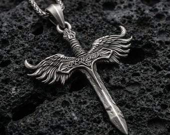 Collar de plata de ley con la espada del Arcángel Miguel, joyería religiosa alada
