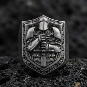 Templar Knight Ring, oxidierter Wappenring, Sterlingsilber