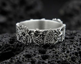 Japanese Dragon 925 Sterling Silver Biker Ring, Handmade Engraved Band