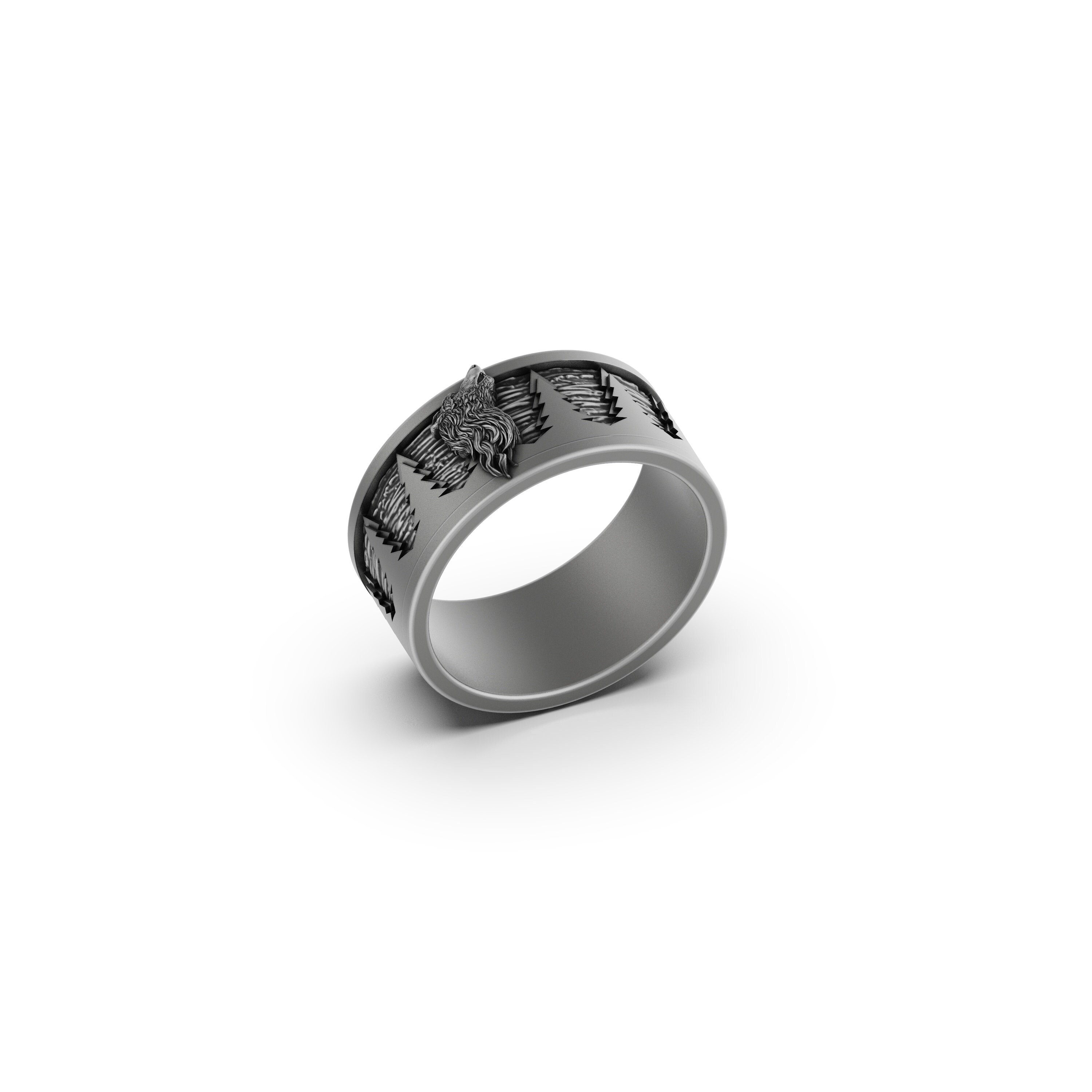 Silver Wolf and Pine Tree Forest Ring, Men's Band Ring, Wedding, Anniversary, Engagement, Promise, Personalized Ring, Unisex