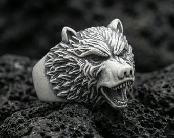 Sterling Silver Nordic Viking Bear Ring, Animal Head Ring, Men’s Statement Jewelry