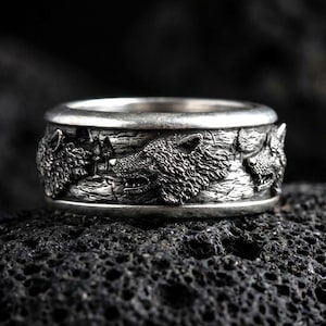 Sterling Silver Spinner Wolfpack Ring, Wedding Band, Engravable Jewelry