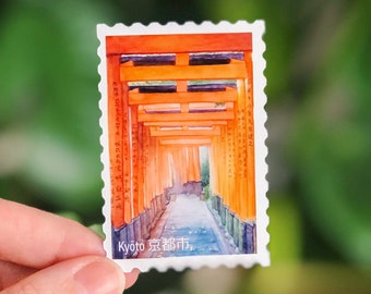 Kyoto Fushimi Inari shrine - Stamp Glossy Vinyl Sticker - Japan Watercolor Anime style - Japan destination sticker - Japan travel