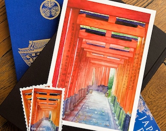 Kyoto Fushimi Inari Shrine / Torii Gates / Japan Watercolor Postcard Print / Anime print / Anime scenery / Traditional Japan / Shrine /