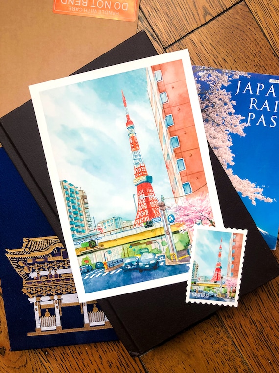 Tokyo Tower In spring / Postcard print / sticker / Watercolor / anime aesthetic / anime print / Art print / Japanese scenery / japanese art