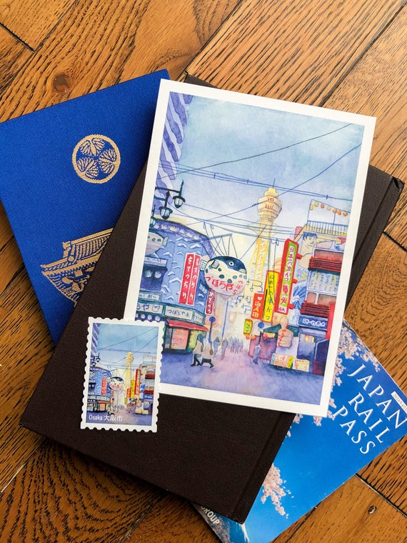 Osaka Shinsekai / Japan Watercolor Postcard Print / Anime print / anime aesthetic / Japanese art / Japan scenery / Japanese stationery