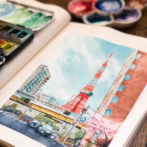 May include: Watercolour painting of the Tokyo Tower in Japan. The tower is red and white and is surrounded by buildings and trees. There are cars on the street below the tower.