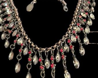 VINTAGE CRYSTAL FESTOON necklace and earring set: red and clear