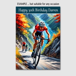 May include: A birthday card featuring a cyclist riding up a mountain road with autumn foliage. The card reads "Happy 30th Birthday Darren".