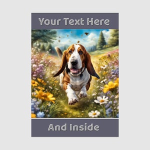 May include: A brown and white basset hound dog runs through a field of colourful wildflowers. The dog is smiling and has its tongue sticking out. The background is a blue sky with white clouds.