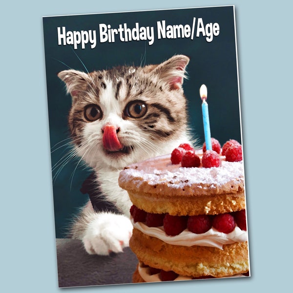 Personalised Fun Kitten Cat & Cake Birthday Card + Pawprint Insert - A5 Size