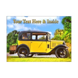 May include: A classic yellow and black car with black wheels and a black roof is parked on grass. The car has a basket on the back and the text "Your Text Here & Inside" is above the car.