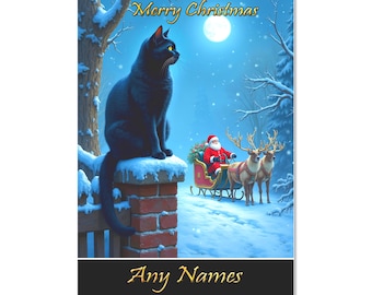 May include: A Christmas greeting card featuring a black cat sitting on a snow-covered brick pillar. In the background, Santa Claus rides a sleigh pulled by two reindeer under a full moon. The text reads Merry Christmas and Any Names.