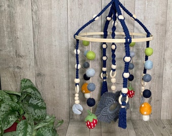 Navy blue mushroom and strawberry boho baby macrame mobile moon and stars woodland nursery baby boy decor felt balls