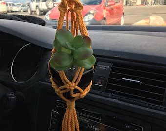 Mini macrame plant hanger rear view mirror charm-available in 8 colors-fake plant included