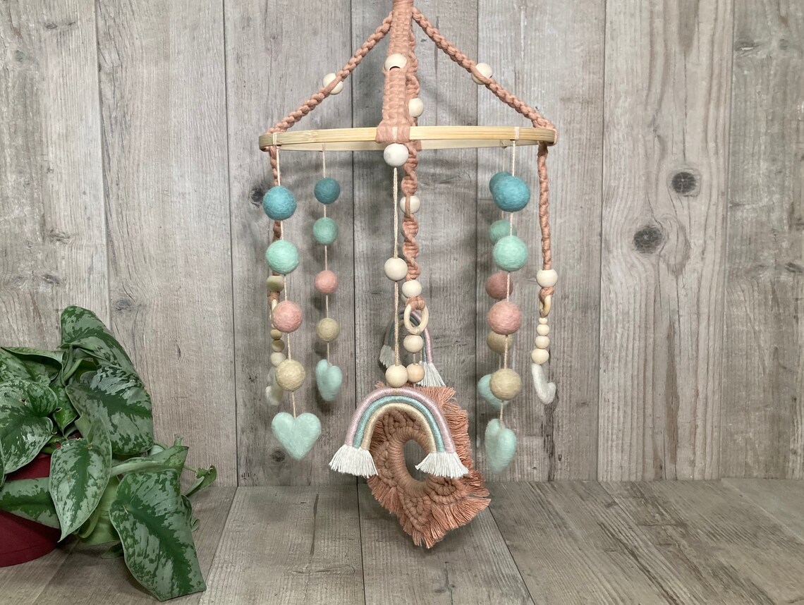 Rainbow baby crib mobileboho nursery rainbow pink and aqua Etsy