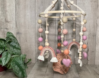 Rainbow baby crib mobile-boho nursery rainbow pink heart theme baby room-macrame decor-handmade felt ball baby girl decor